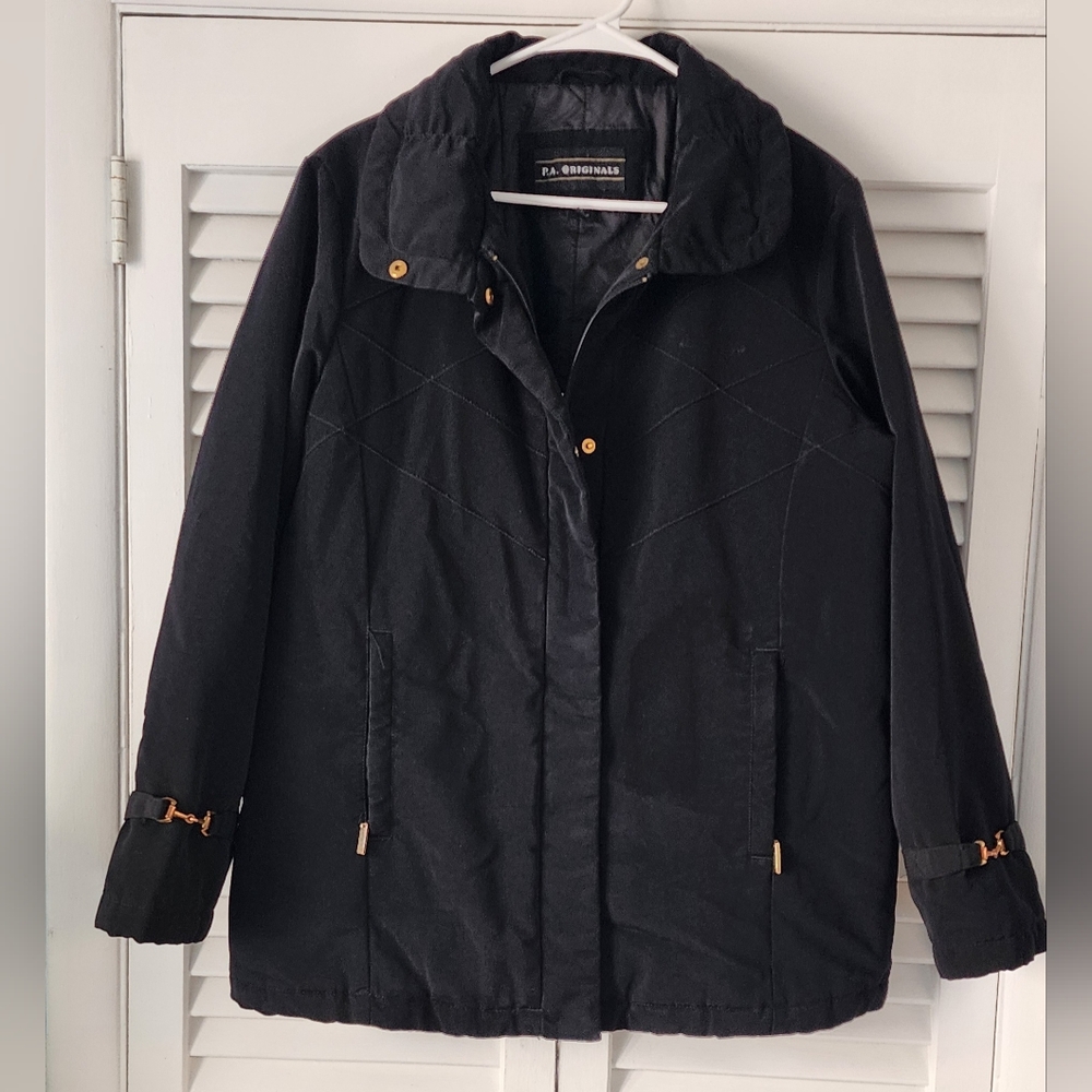 Woman's P.A. Originals Coat Wind Breaker Rain Jacket Full Zip Black Large R13